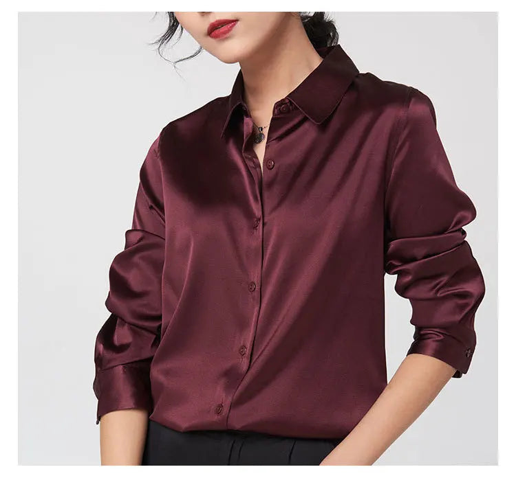 SatinGrace™ Long Sleeve Silk Shirt in burgundy, featuring a V-neck and single-breasted closure for women.