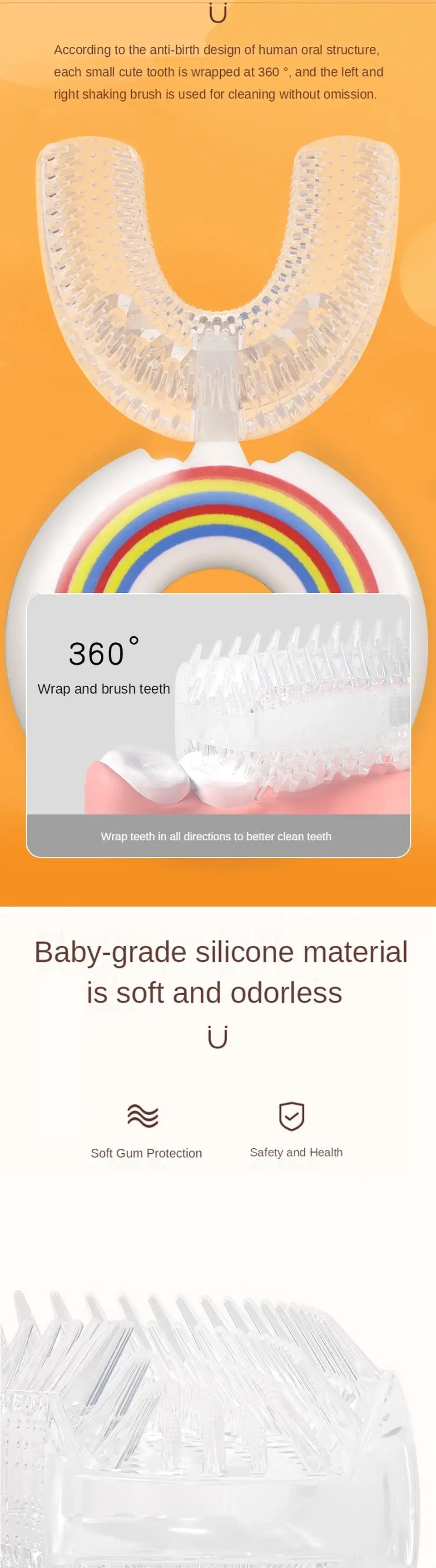 360-degree baby-grade silicone toothbrush featuring a soft, odorless material designed for effective dental care.