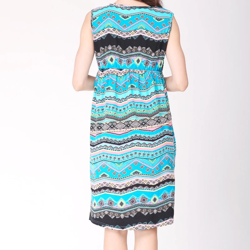 Back view of a sleeveless round neck cotton nursing dress in a colorful striped pattern, ideal for summer maternity wear.