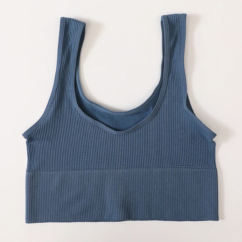 RibSculpt™ seamless ribbed camisole in blue, wireless, fitness-ready, made from nylon and spandex.