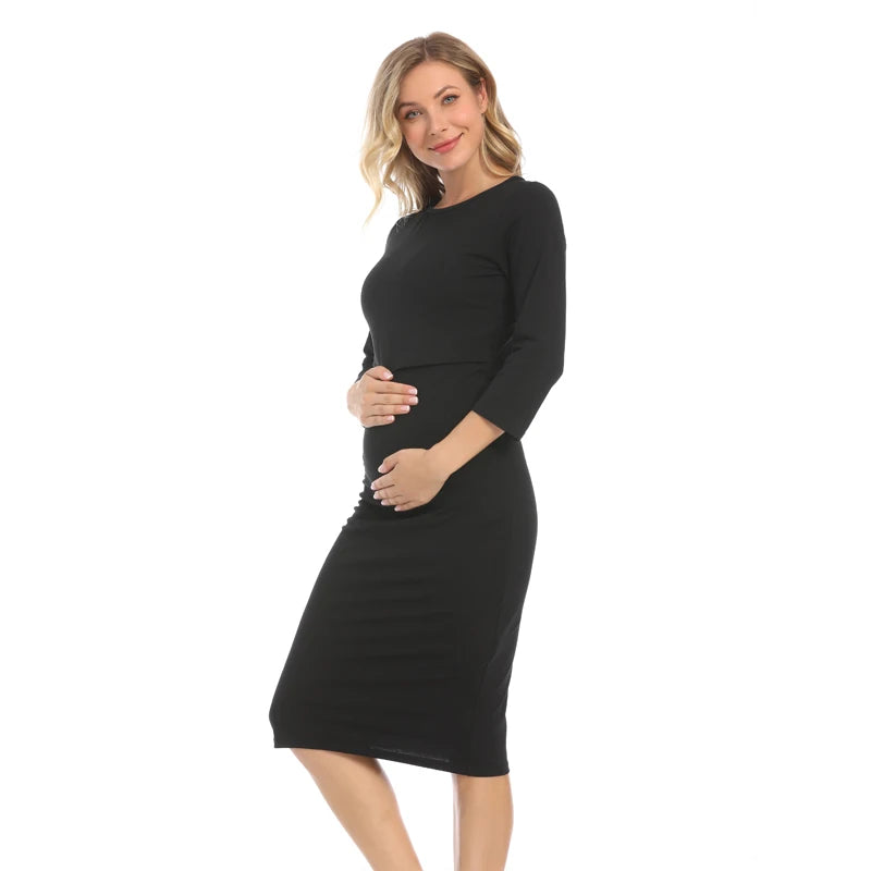 Postpartum nursing maternity dress with 3/4 sleeves in black, designed for comfort and breastfeeding.