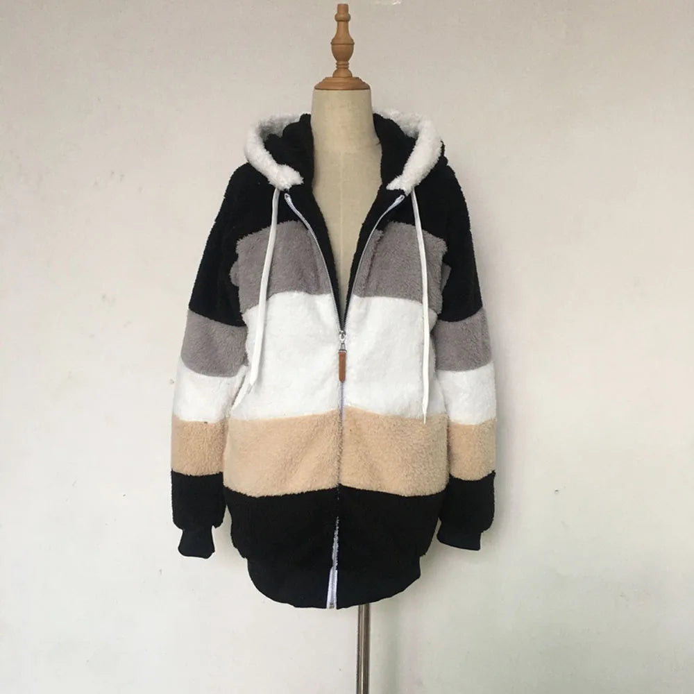 Warm Plush Patchwork Hooded Winter Coat