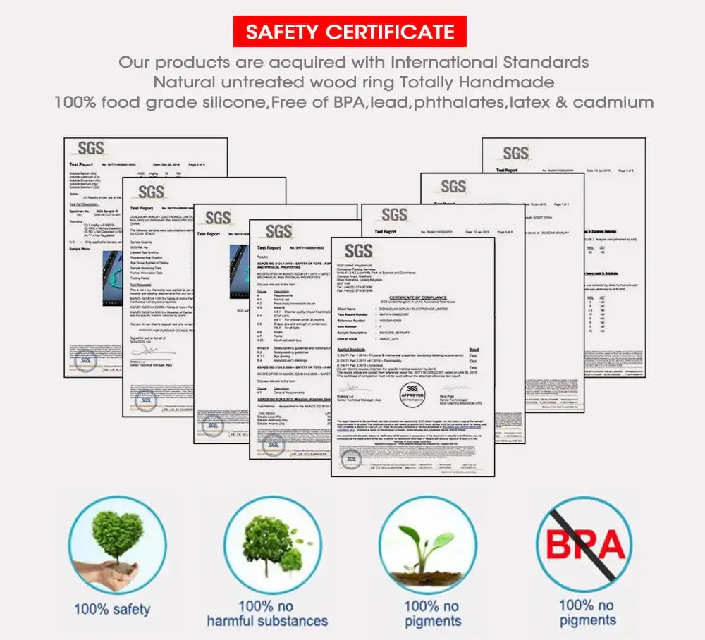 Safety certificates for baby products showcasing 100% food grade silicone, BPA-free, and no harmful substances.