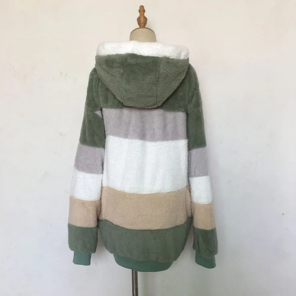 Warm Plush Patchwork Hooded Winter Coat