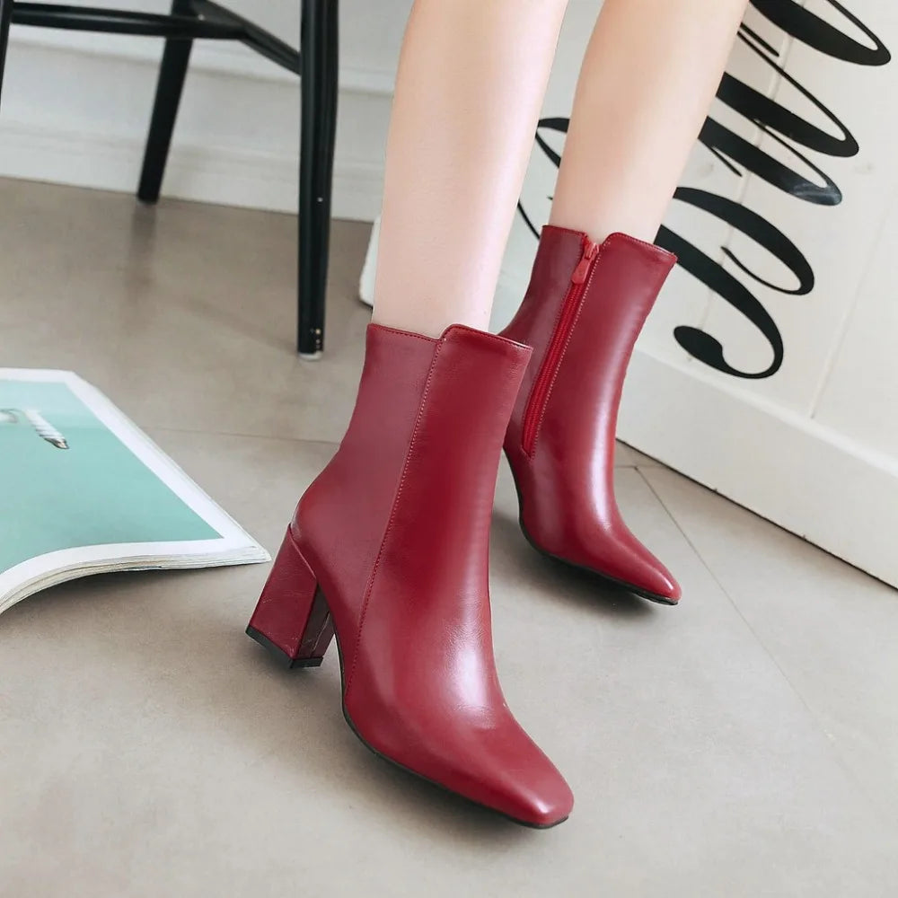 Women Side Zipper Mid-Heel Ankle Boots – Winter Casual Shoes