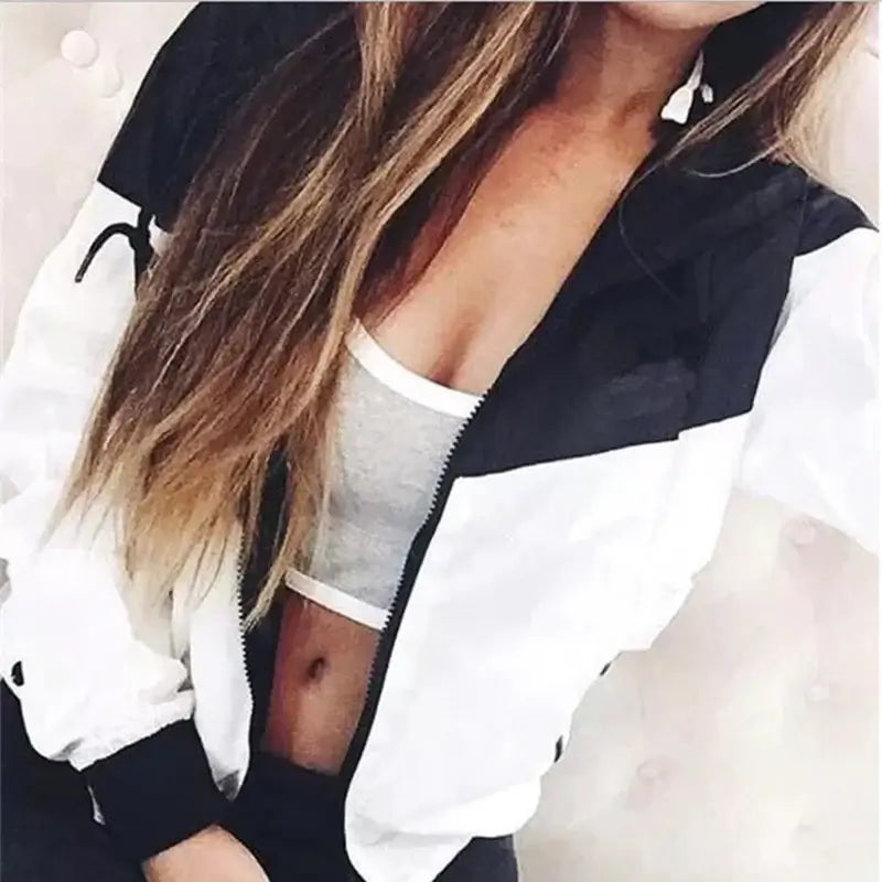 Women Plus Size Patchwork Hooded Sport Jacket