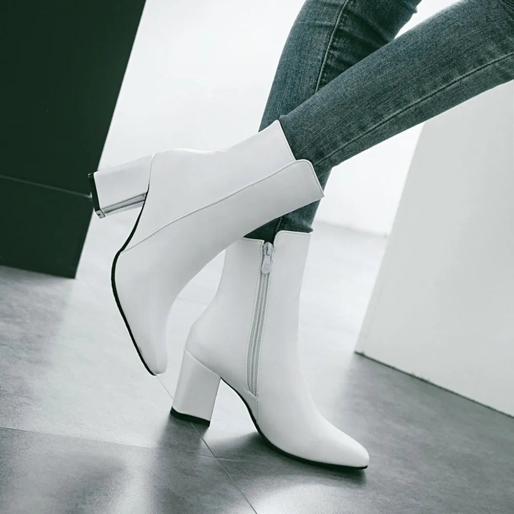 Women Side Zipper Mid-Heel Ankle Boots – Winter Casual Shoes