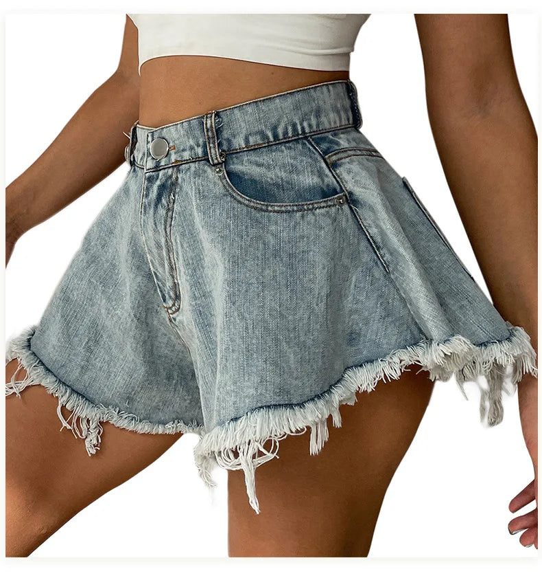 Women High Waist Loose Tassel Denim Shorts