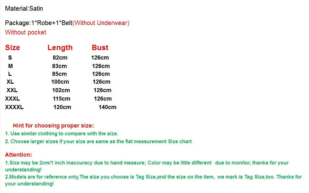 Size chart for satin bride robe, detailing lengths and bust measurements for sizes S to XXXXL.