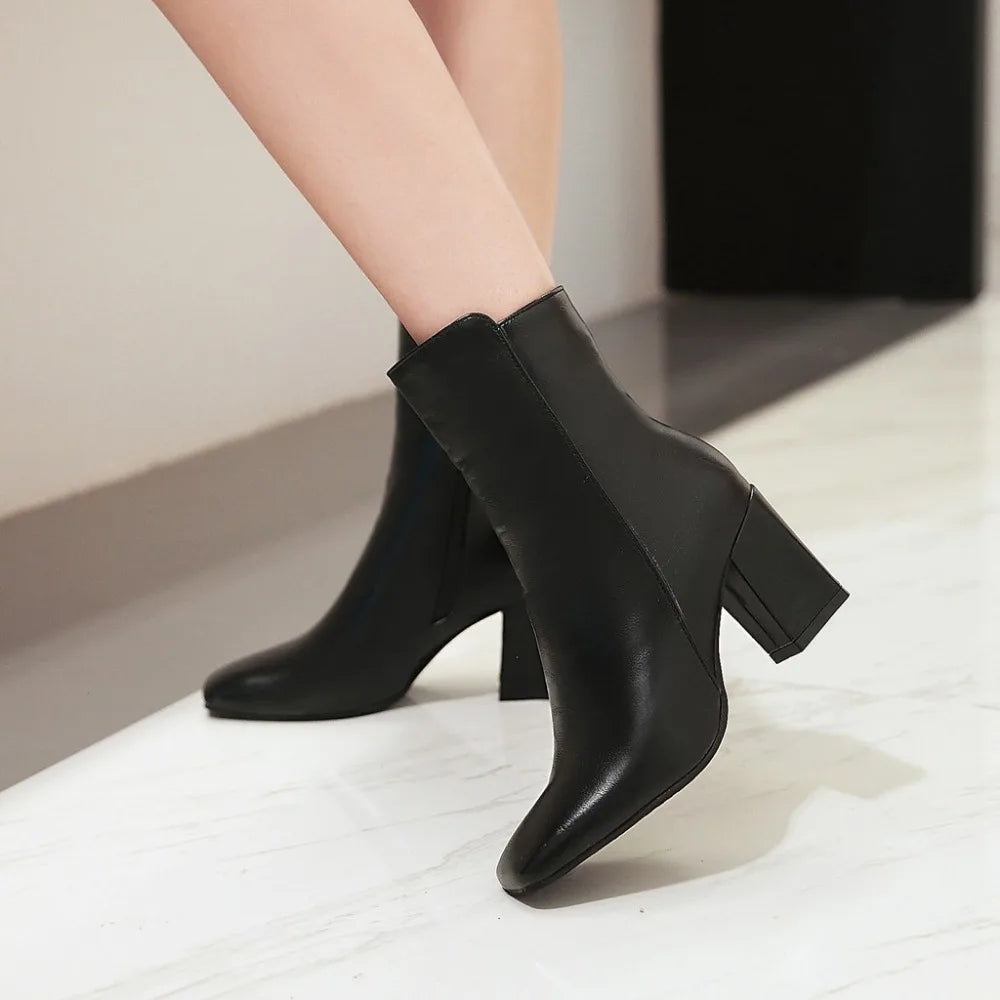 Women Side Zipper Mid-Heel Ankle Boots – Winter Casual Shoes