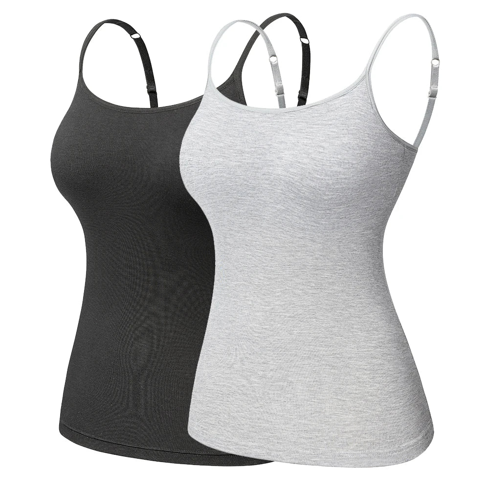 ShapeEase™ camisoles in black and gray, featuring adjustable straps and built-in shelf bra for comfort.