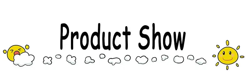 Product show banner with playful sun and cloud graphics, showcasing baby girls dresses.
