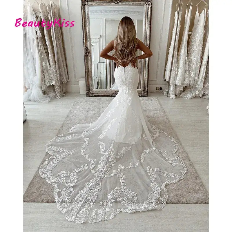 Women Plus Size Mermaid Lace Wedding Dress Open Back