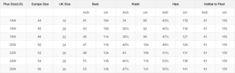 Size chart for plus size wedding dresses including measurements for bust, waist, hips, and hollow to floor.