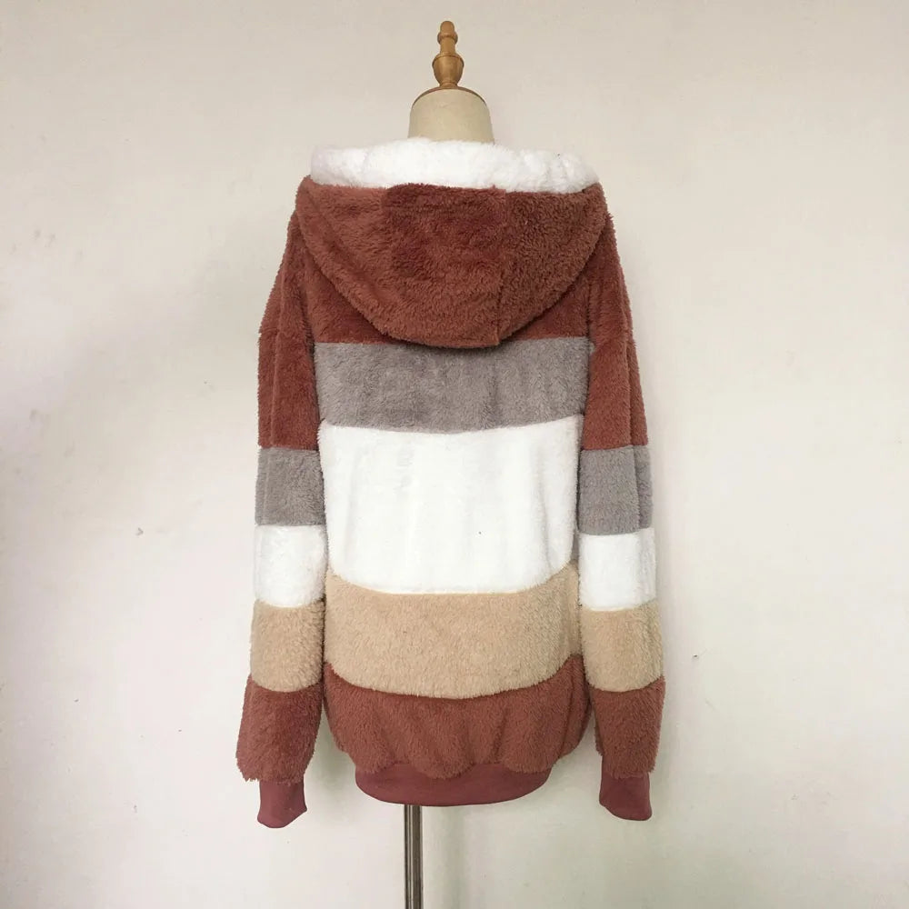 Warm Plush Patchwork Hooded Winter Coat