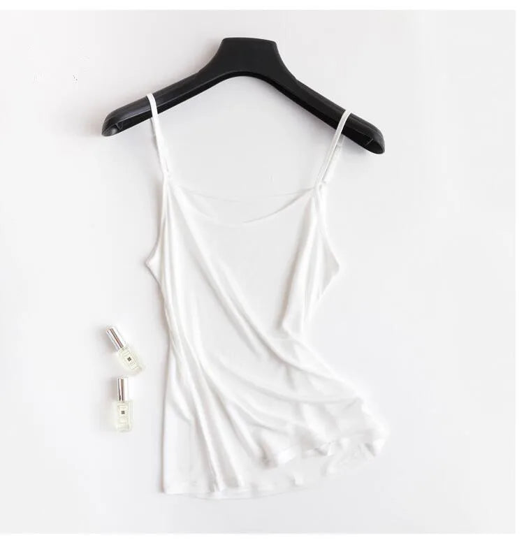 HalterSilk™ U-Neck Mulberry Silk Cami in white, lightweight summer wear for women on a hanger.