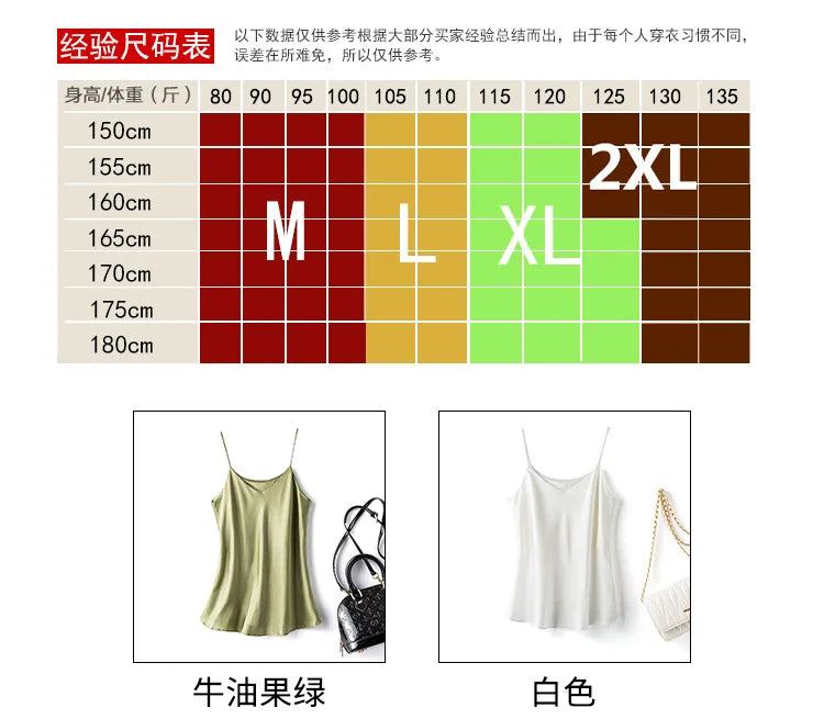 Size chart for BandeauSilk™ camisole with color options in green and white, indicating sizes M, L, XL, and 2XL.