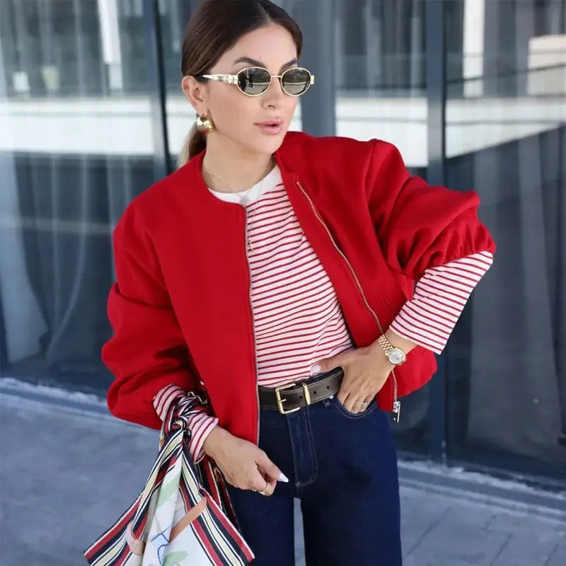 Women Red Zipper Bomber Jacket