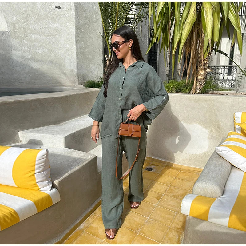 Women Cotton Wide Leg Pant Set