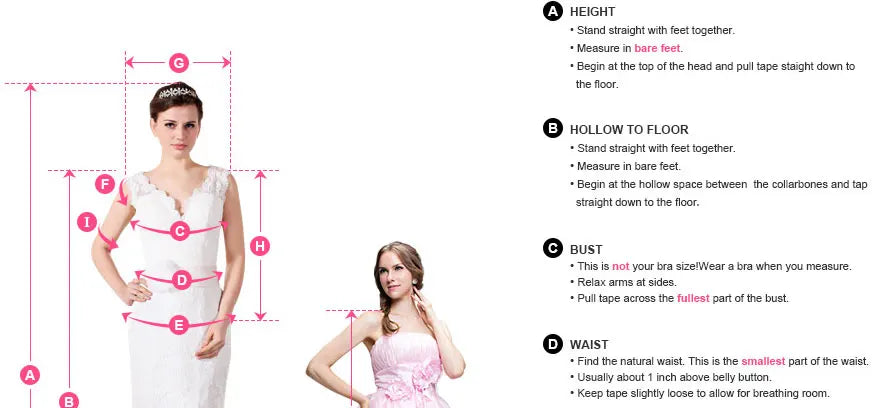 Measuring guide for wedding dress fitting, showing height, hollow to floor, bust, and waist measurements.
