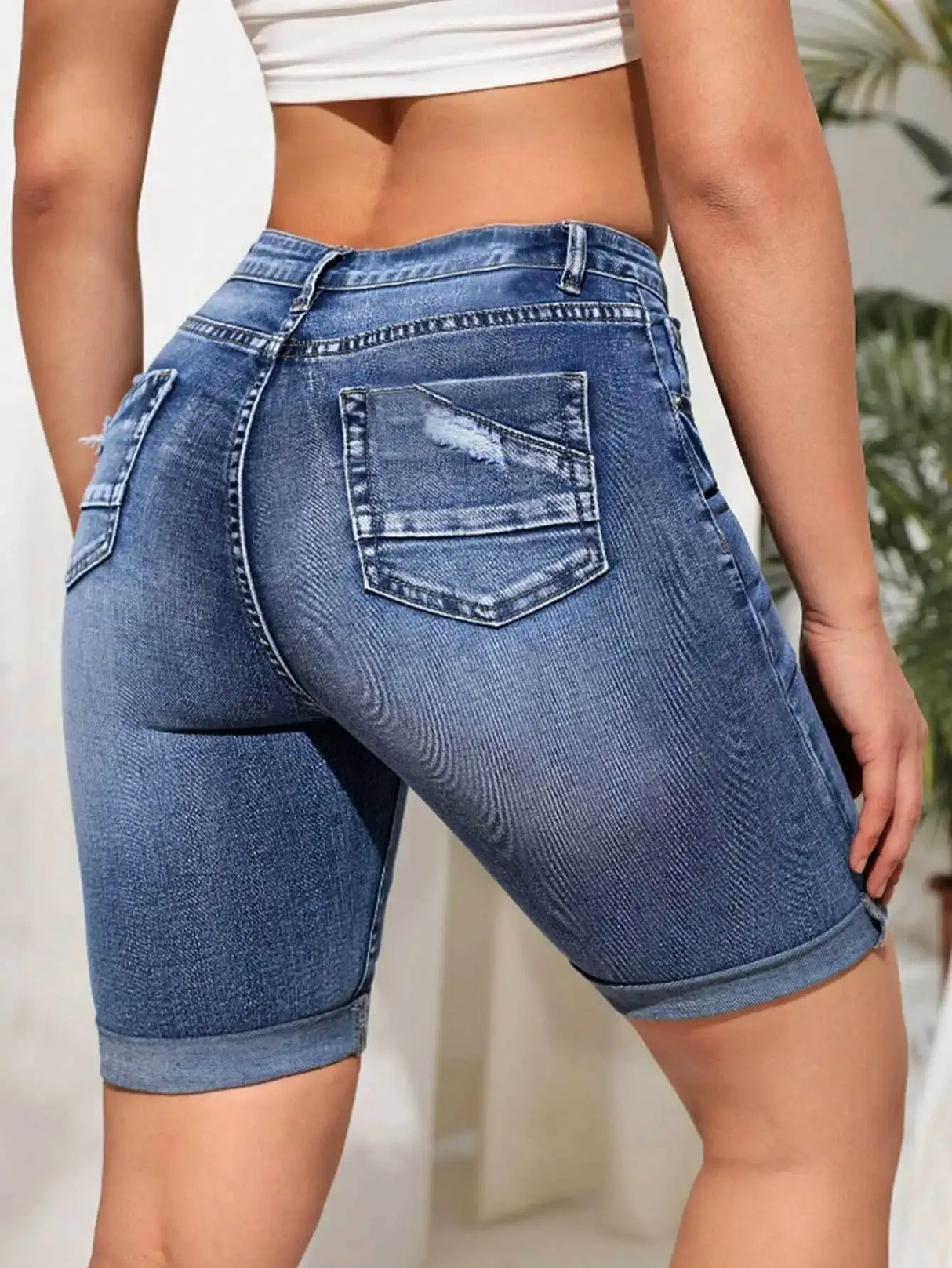 Women High Waist Knee Length Denim Shorts