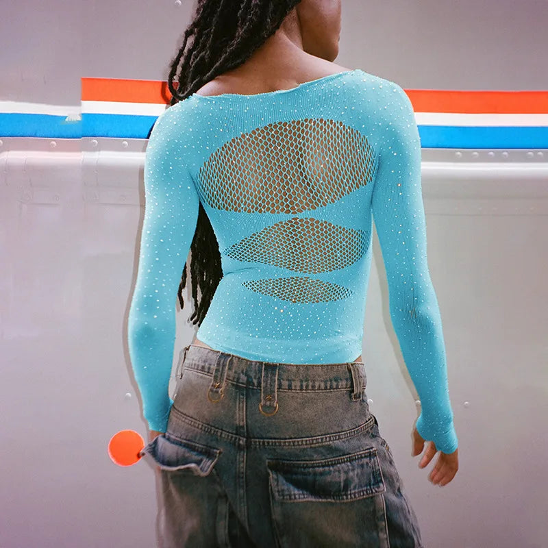 Women's Knitted Rhinestone Long Sleeve Bodysuit – Sexy Y2K Outfit