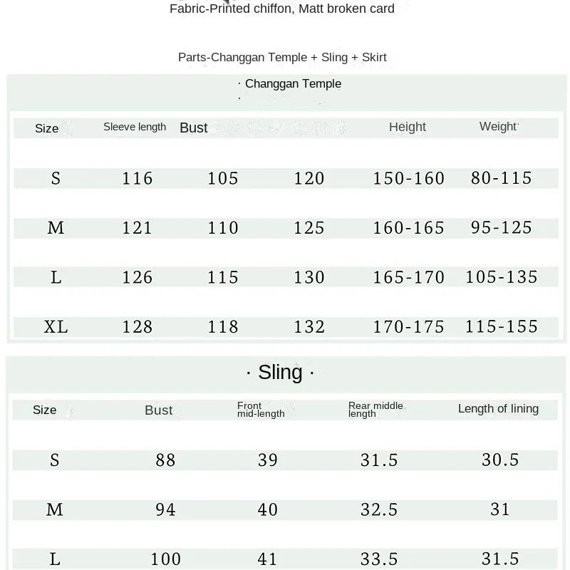 Size chart for Changgan Temple outfit featuring measurements for sleeves, bust, height, and weight for various sizes.
