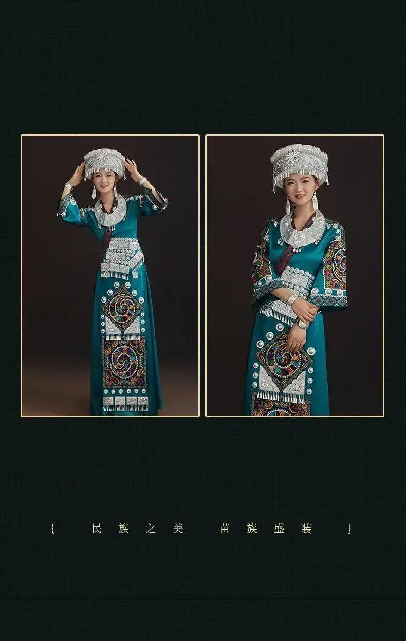 Miao embroidery suit for women, featuring a vibrant festival costume with intricate patterns and traditional accessories.
