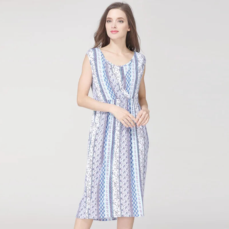 Round neck sleeveless cotton nursing dress, knee-length, summer design in blue and white striped pattern.