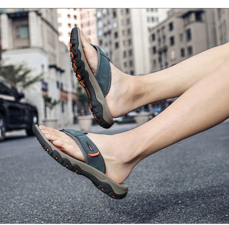 Men Cow Leather Beach Flip Flops Sandals