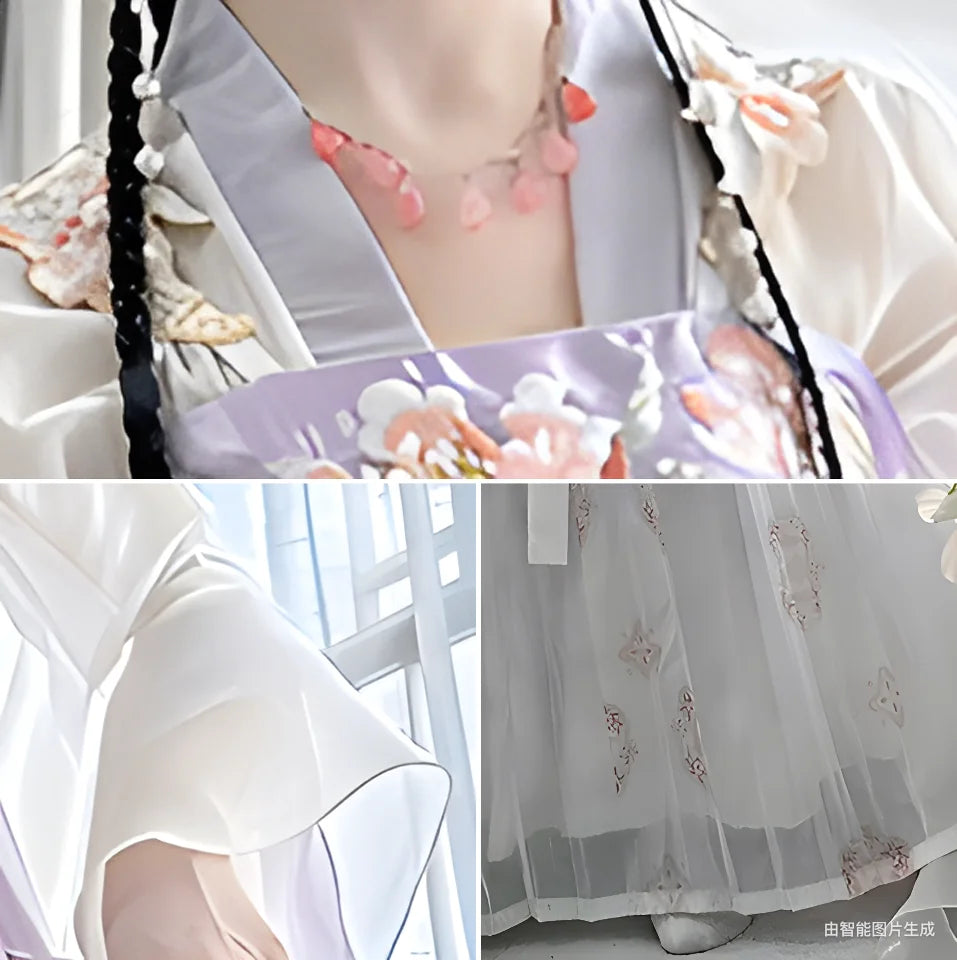Detailed view of a Vintage Chinese Style Hanfu Dress, showcasing floral patterns and elegant sleeves.