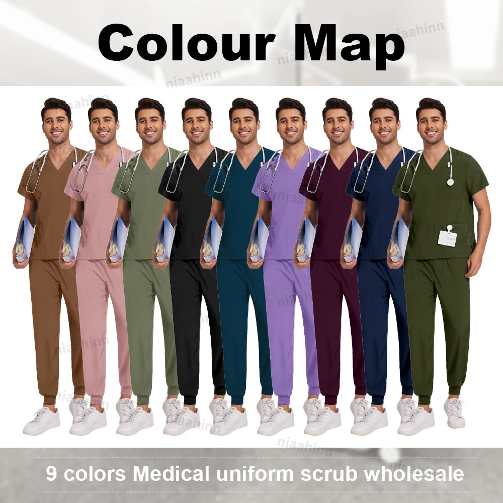 Colour map showcasing 9 colors of medical scrub uniforms for wholesale, featuring unisex styles and comfortable fits.