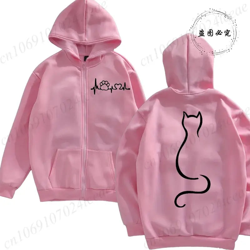 Women Cat Print Zip Hoodie Jacket Streetwear Coat