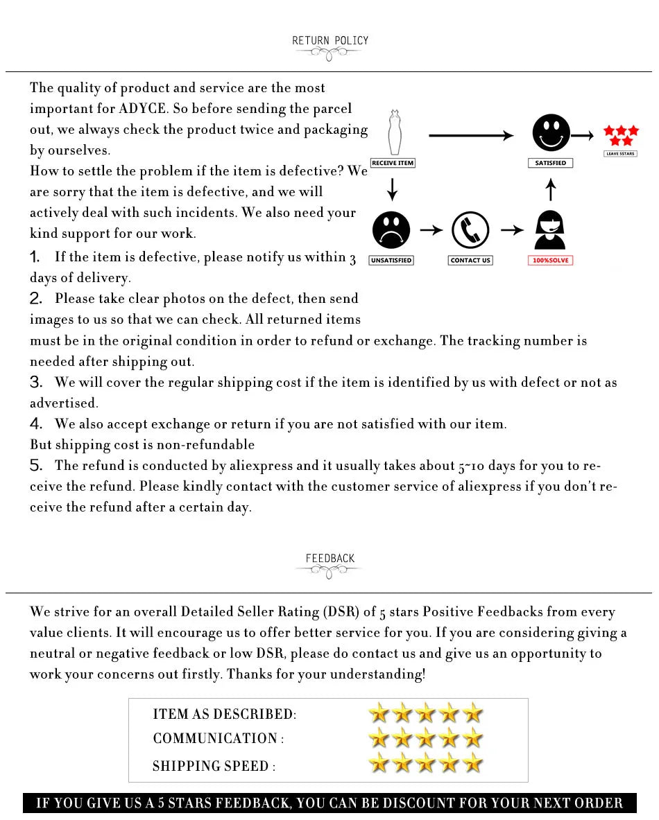 Return policy information detailing product quality, returns, feedback, and customer service for ADYC.