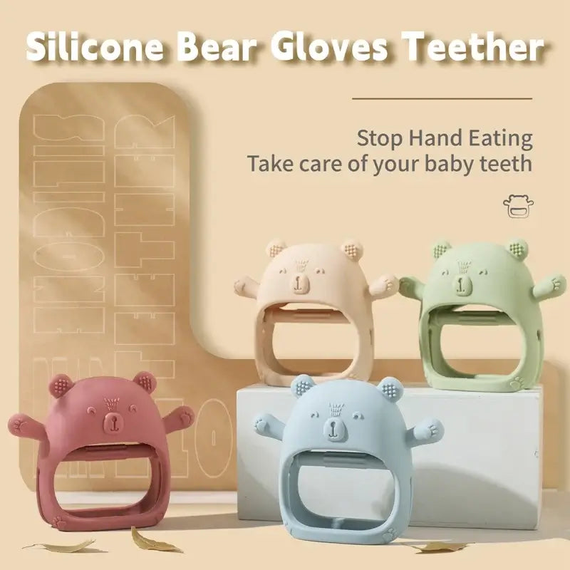 Silicone Bear Gloves Teether in pastel colors for babies, designed to alleviate teething discomfort and prevent hand eating.