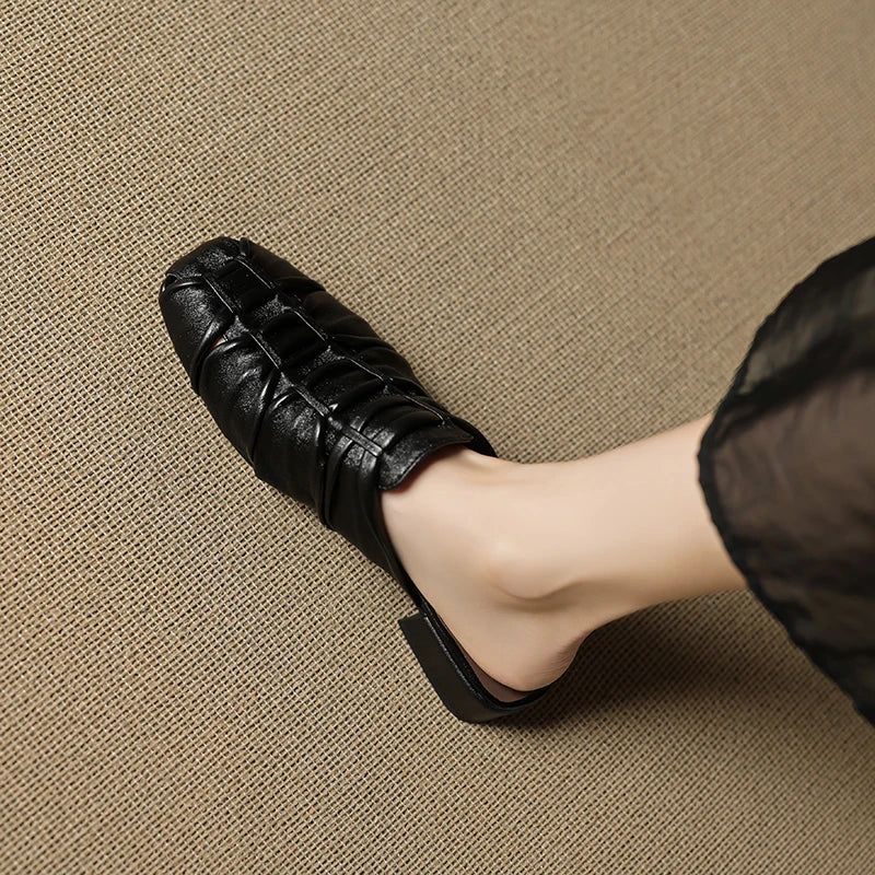 Women Mules Leather Block Heel Sandals