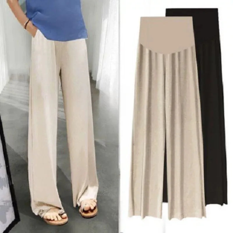 Ice Silk pleated maternity pants in beige and black, perfect for summer, featuring a loose fit and comfortable design.