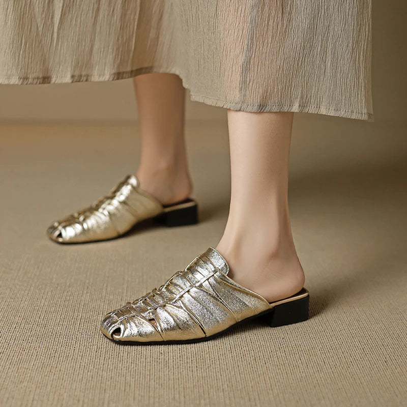 Women Mules Leather Block Heel Sandals