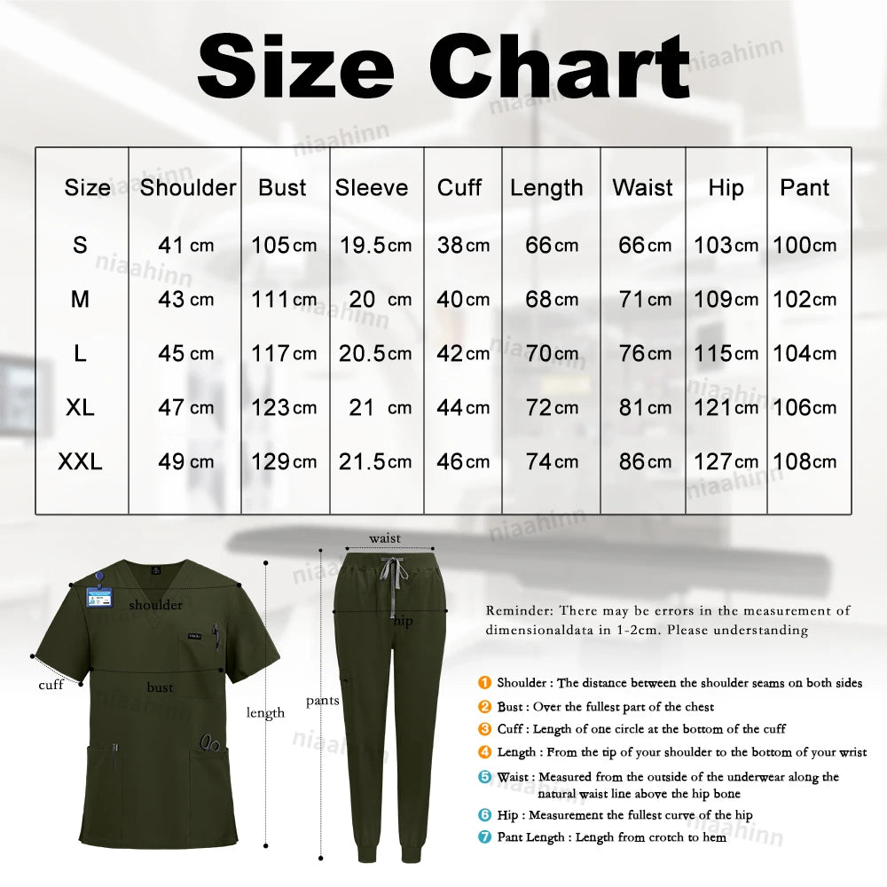 Size chart for NiaaHinn scrubs uniforms with measurements for various sizes S to XXL.