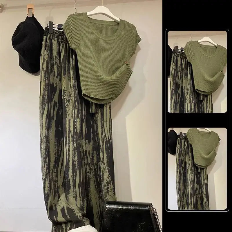 Women Summer Patchwork T-Shirt Pants Set