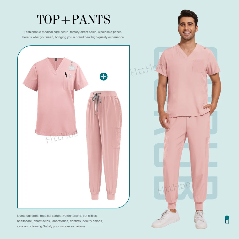 Unisex nurse surgical scrub suit in pink, featuring a breathable top and jogger pants for medical professionals.