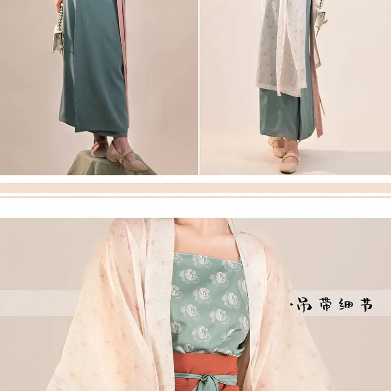 Woman wearing Song Dynasty Hanfu retro three-piece outfit featuring a green dress and flowing outer robe.