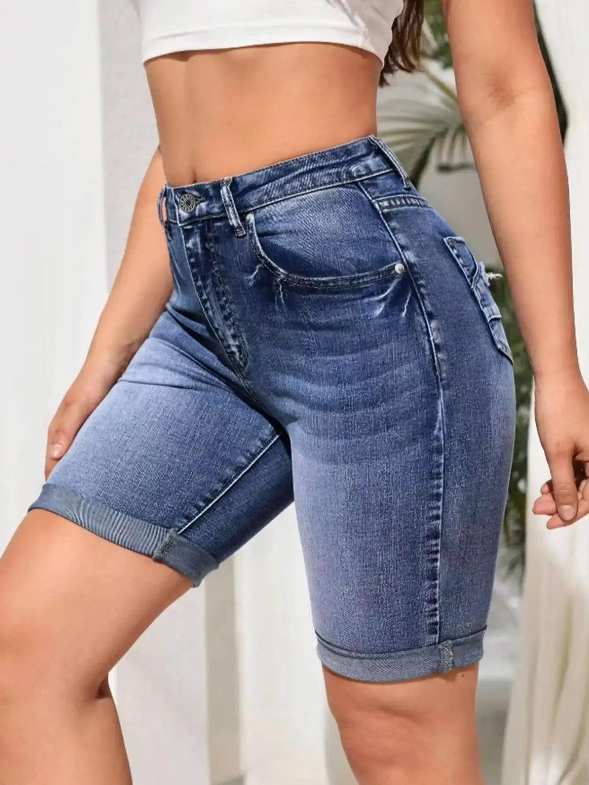 Women High Waist Knee Length Denim Shorts