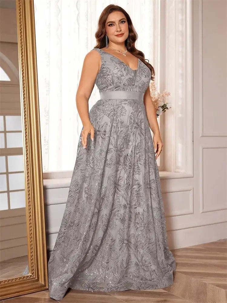 Women Plus Size V-Back Sequin Evening Cocktail Dress