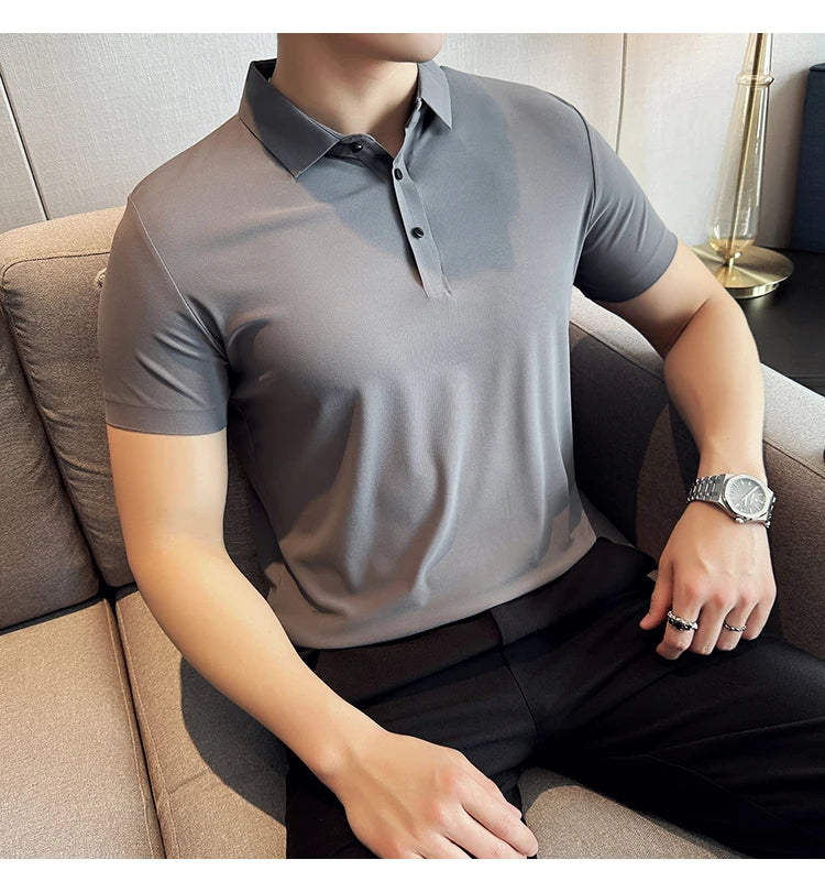 Men Ice Silk Polo Shirt Brown Top
