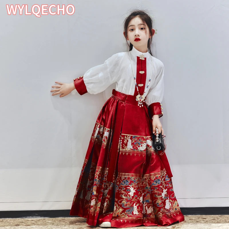 Little girl wearing a red summer hanfu dress with embroidered skirt, perfect for traditional occasions.