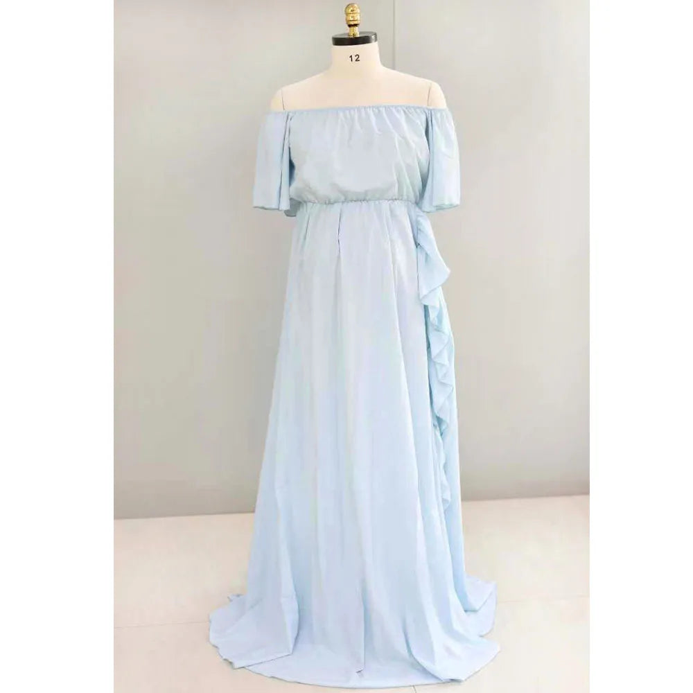 Chiffon ruffle sleeve maternity dress in light blue, ankle-length style perfect for summer and beach occasions.