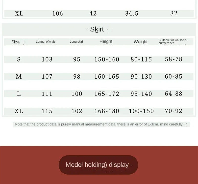 Size chart for women's skirt showing measurements for S, M, L, and XL sizes including waist and height specifications.