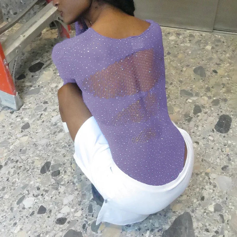 Women's Knitted Rhinestone Long Sleeve Bodysuit – Sexy Y2K Outfit