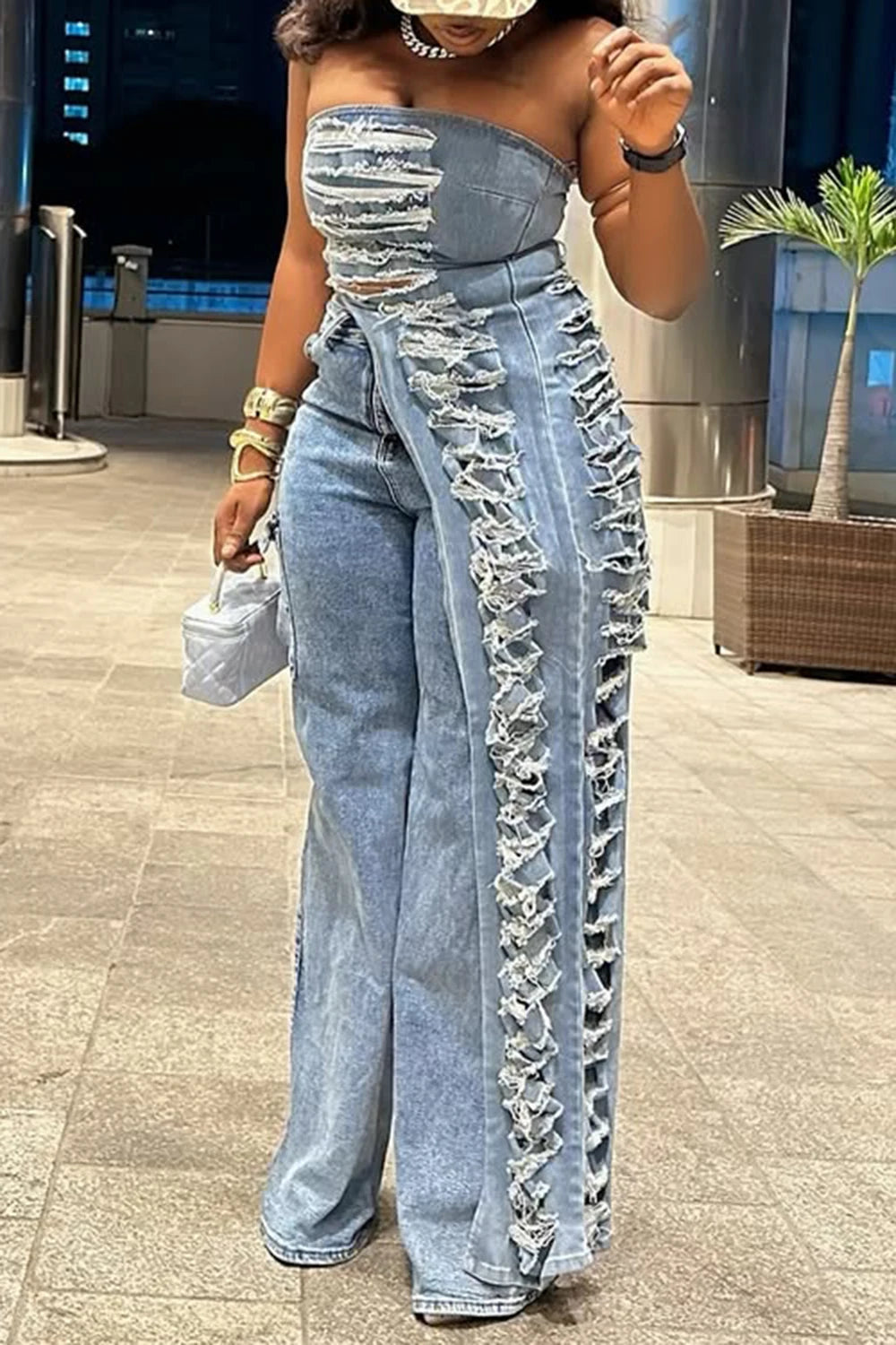 Distressed Denim Pant Set